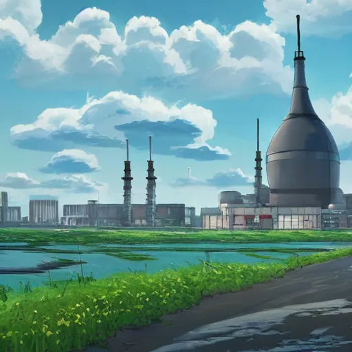 Image similar to battersea and chernobyl in the style of studio ghibli, beautiful landscape, intense lighting, 8k, trending on artstation