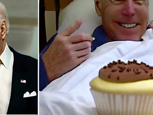 Image similar to Joe Biden in the icu with a man throwing a cupcake at him