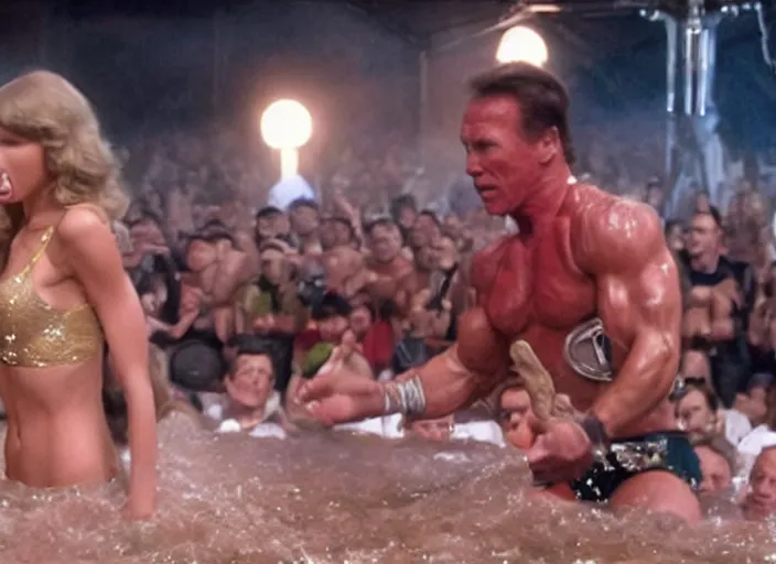 Image similar to taylor swift oil wrestling with arnold schwarzenegger, movie still, from the movie over the top, 8 k, realistic