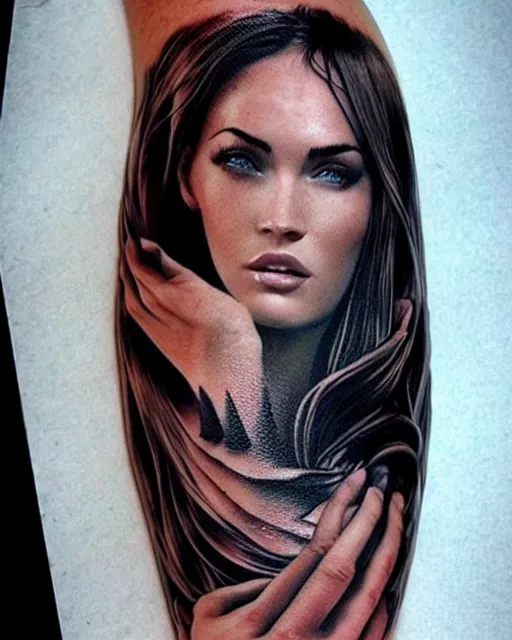 Image similar to amazing double exposure effect tattoo design sketch of megan fox and beautiful mountains, realism tattoo, in the style of matteo pasqualin, amazing detail, sharp