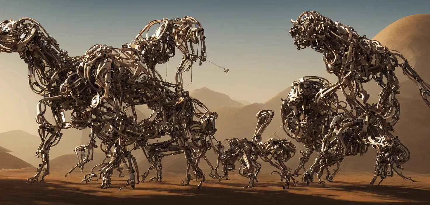 Image similar to highly mechanical animals roaming the desert, CGSociety digital art, naive art
