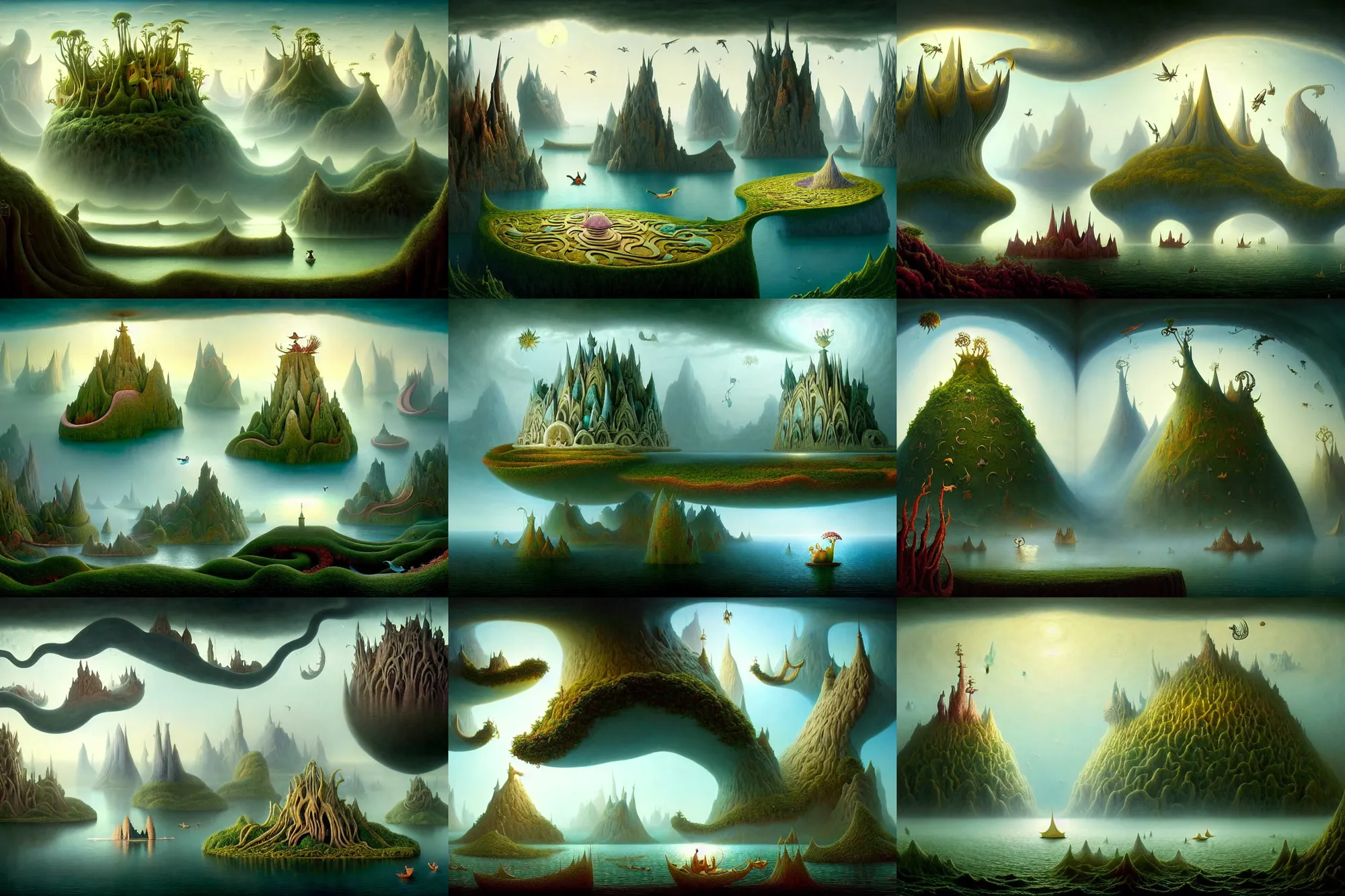 Prompt: a beguiling epic stunning beautiful and insanely detailed matte painting of floating islands in a dream world with surreal architecture designed by Heironymous Bosch, dream world populated with mythical whimsical creatures, mega structures inspired by Heironymous Bosch's Garden of Earthly Delights, vast surreal landscape and horizon by Brad Kunkle and Cyril Rolando and Andrew Ferez, masterpiece!!!, grand!, imaginative!!!, whimsical!!, epic scale, intricate details, sense of awe, elite, wonder, insanely complex, masterful composition!!!, sharp focus, fantasy realism, dramatic lighting