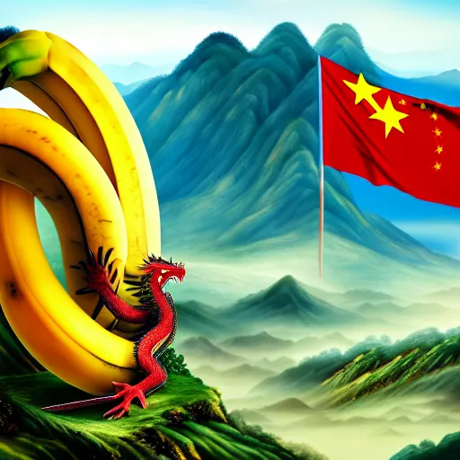 Image similar to Chinese president with bananas, battle with dragon, mountains background, fantasy art, 4k