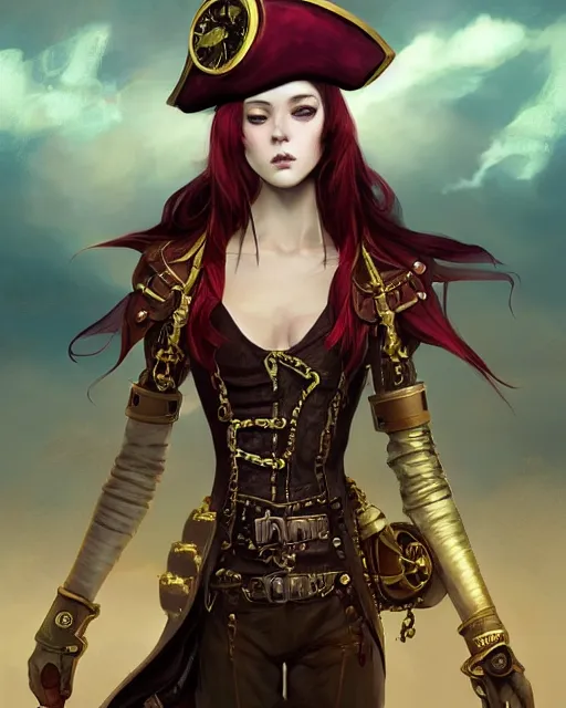 Image similar to a beautiful 2D illustration of a young female steampunk pirate wearing leather armor on gold and red trimmings on green, by Charlie Bowater, tom bagshaw, Artgerm and Lois Van Baarle, very cool pose, pirate ship with an epic sky background, slightly smiling, cinematic anime lighting and composition, fantasy painting, very detailed, ornate, trending on artstation and pinterest, deviantart, google images