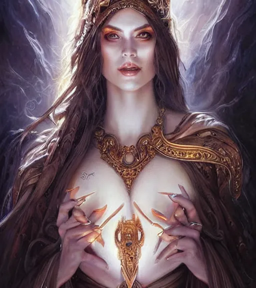 Prompt: a higly detailed full body shot portrait painting of a female sorceress with piercing beautiful eyes, dynamic lighting, ambient lighting, deviantart, art by artgerm and karol bak and mark brooks