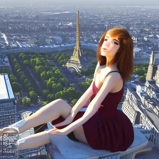 Image similar to A young beautiful giantess wearing a sundress sitting on the Eifel tower, beautiful lighting,digital art , highly detailed , high contrast, beautiful lighting, award winning , trending on art station, 8k, photorealistic,unreal engine 5