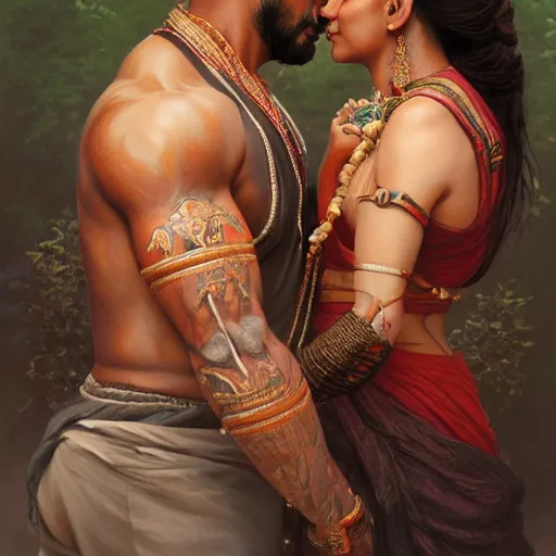 Image similar to portrait painting of dark muscular indian couple kissing, ultra realistic, concept art, intricate details, eerie, highly detailed, photorealistic, octane render, 8 k, unreal engine. art by artgerm and greg rutkowski and alphonse mucha