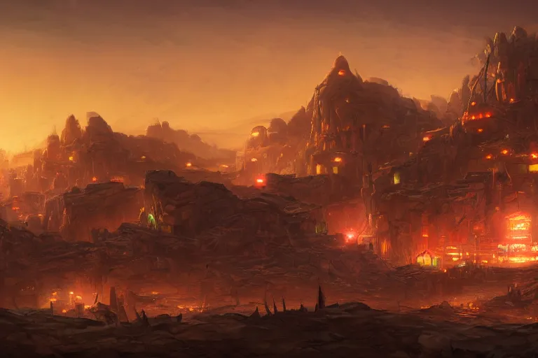 Prompt: an epic landscape view of a sprawling mars colony, with glowing lights at night, painted by tyler edlin, close - up, low angle, wide angle, atmospheric, volumetric lighting, cinematic concept art, very realistic, highly detailed digital art