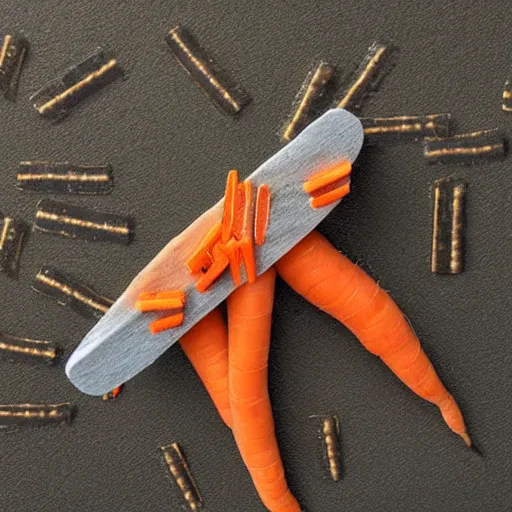 Prompt: a plane made out of carrots and dollar bills flying past the sun