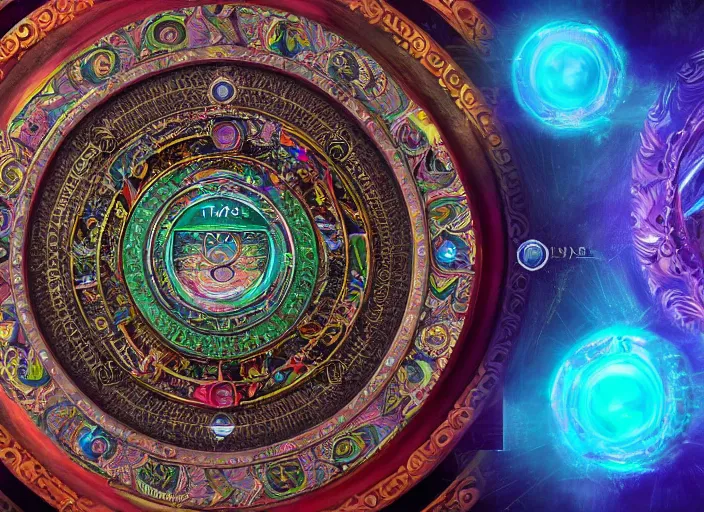 Image similar to hyperrealism, detailed textures, photorealistic 3 d render, a mystical wizard wearing a beautifully coloured tibetan kalachakra crystal mandala with sanskrit writing, sharp focus, ultra realistic, ultra high pixel detail, cinematic, intricate, cinematic light, concept art, illustration, art station, unreal engine 8 k