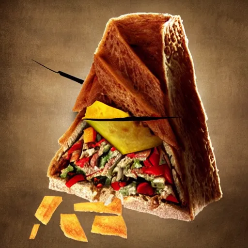 Prompt: Pyramid head trying to eat a sandwich