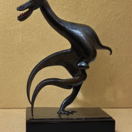 Image similar to antique 1930s France art deco. bronze figurine of a dinosaur dancing. on marble base. by Briand Marcel Bouraine. 30cm. high detail photograph. studio