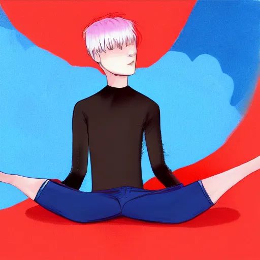 Prompt: an androgynous person with red and blue gradient hair, floating in a black void, relaxed with their legs crossed. digital art, trending on art station, award winning