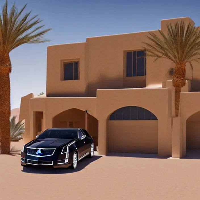 Image similar to hyper realistic, high detail photo of desert house with cadillac in the driveway, beautiful, happy lighting