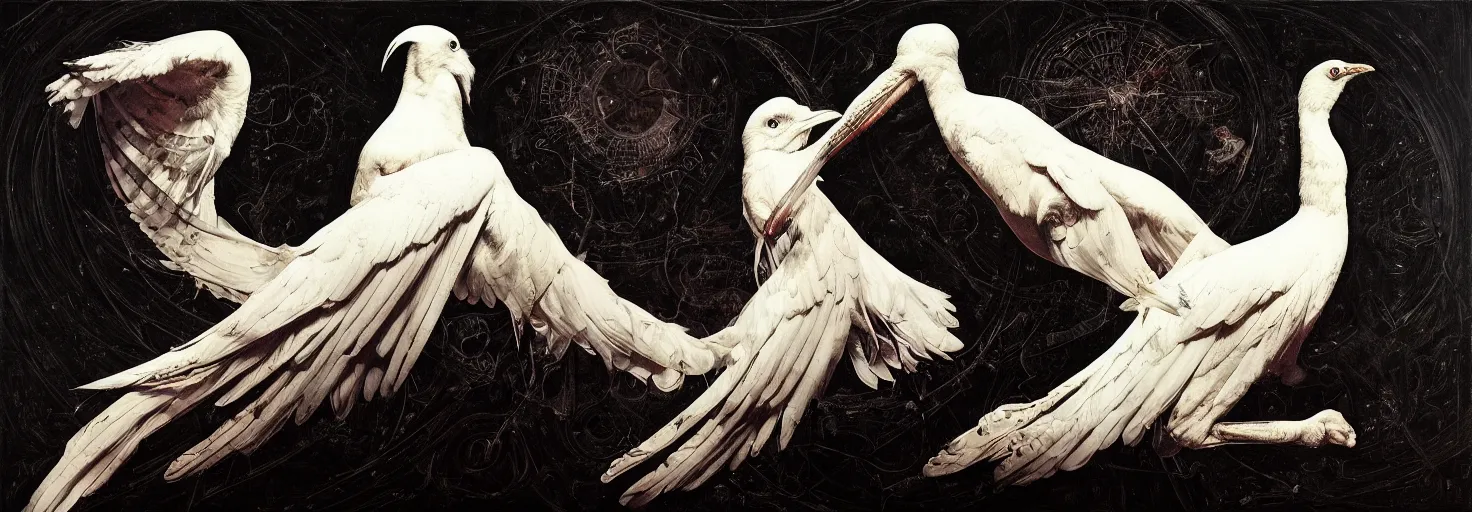 Image similar to artemixel, white crow bringing rabbit leg to a occult witch by android jones and m. c. escher collaboration, futurist, digital art, dramatic lighting by nicola samori and jeffrey smith, oil on canvas