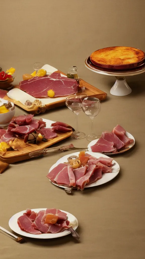 Image similar to vintage 7 0 s food photography of an opulent spread of ham fondue, on a velvet table cloth, dramatic diffused lighting