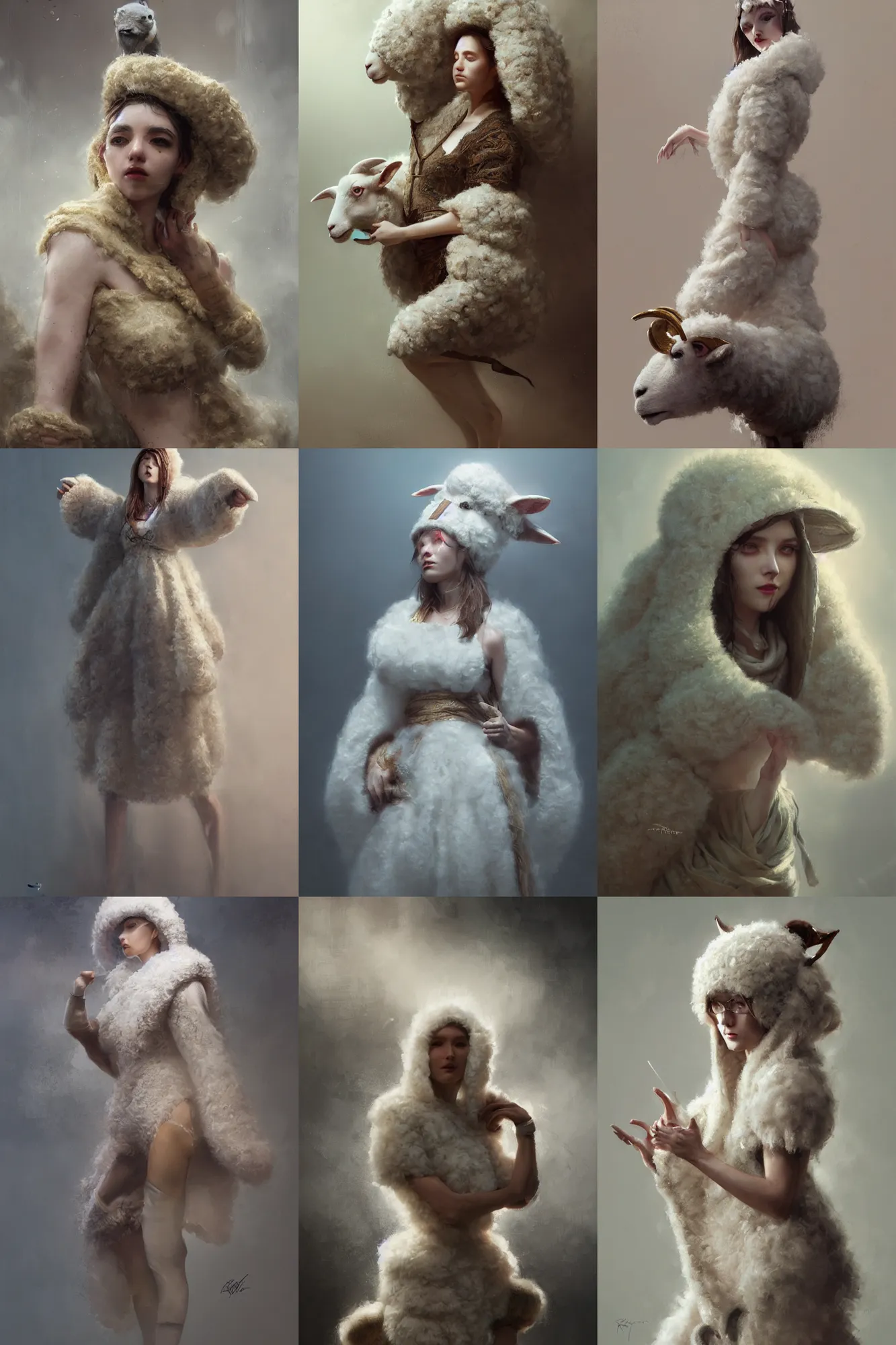 Prompt: woman in a sheep costume, high quality theatre costume, fashion, dramatic lighting, highly detailed, digital painting, 3 d render, hyper realistic detailed portrait, greg rutkowski, wlop, ruan jia, peter mohrbacher