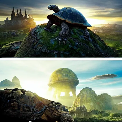 Prompt: tortoise moves across harsh wasteland with sharp rays of sunlight with a large fantasy castle covering the top of the giant tortoise similar to mortal engines or howls moving castle, distant - mid - shot, fantasy, hyper detailed, realistic