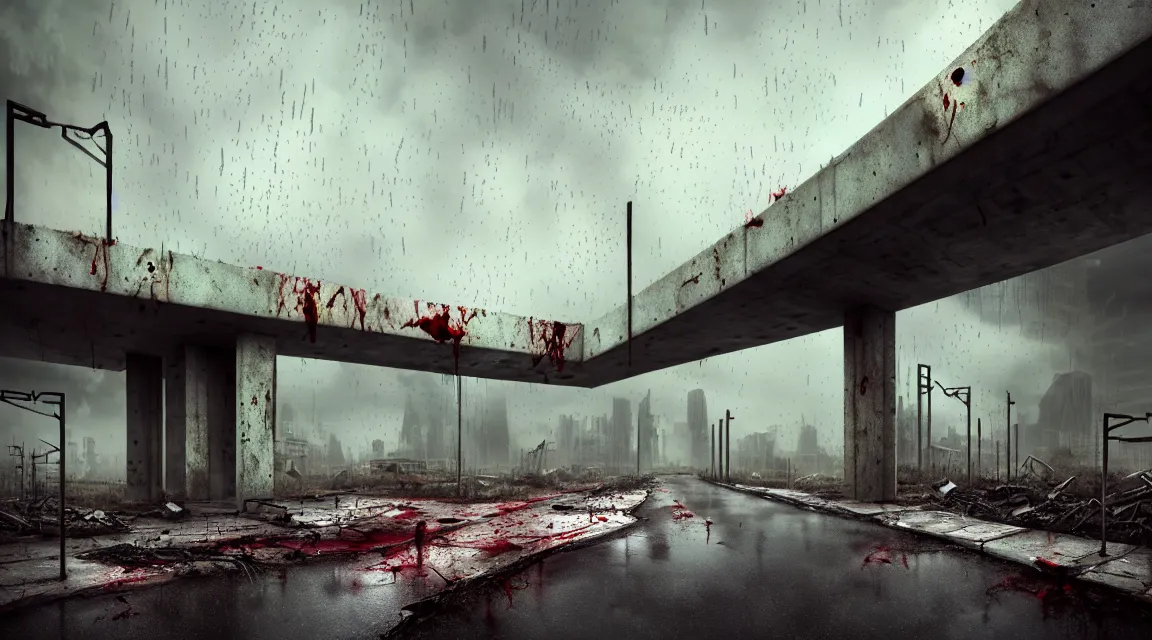 Prompt: post apocalyptic bridge, raining, building, avenue, modern contemporary urban americana concrete architecture, by pascal blanche, neil blevins, apocalyptic color palette, trending on artstation, photorealistic, wilderness ambiance, ultra detailed, high definition, depth of field, bokeh, rubble, wild vegetation, blood stains, building crumbling