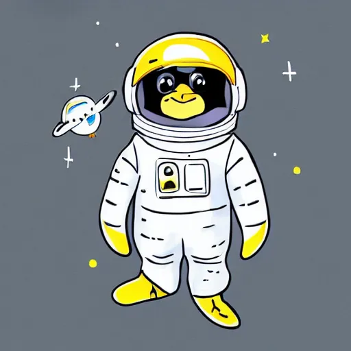 Image similar to cute drawing of a penguin baby on an astronaut suit, helmet on, floating on space, minimalist cartoon style, solid color