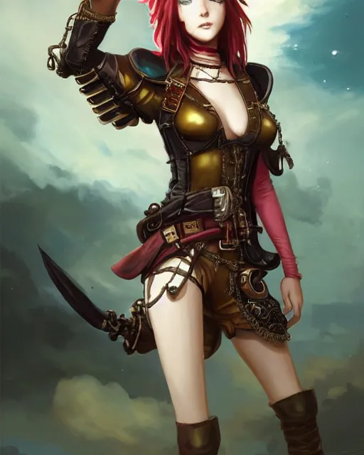 Image similar to a beautiful 2D illustration of a young female steampunk pirate wearing leather armor on gold and red trimmings on green, by Charlie Bowater, tom bagshaw, Artgerm and Lois Van Baarle, very cool pose, pirate ship with an epic sky background, slightly smiling, cinematic anime lighting and composition, fantasy painting, very detailed, ornate, trending on artstation and pinterest, deviantart, google images