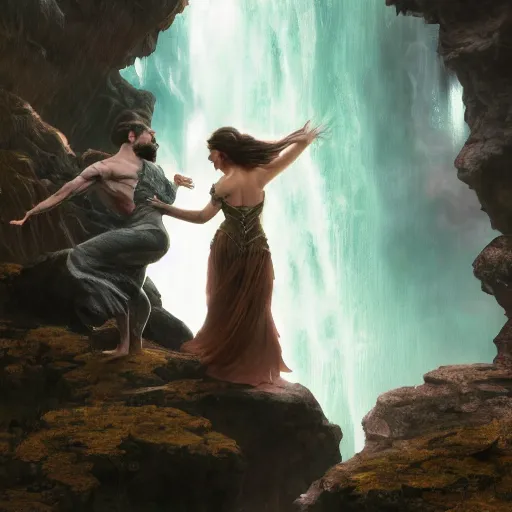 Image similar to an extremely detailed matte painting of a throuple dancing in a cavern behind a waterfall, epic fantasy, viewed in profile from far away, sharp focus, detailed face, art by greg rutkowski and alphonse mucha, volumetric lighting, 4 k resolution, trending on artstation, masterpiece