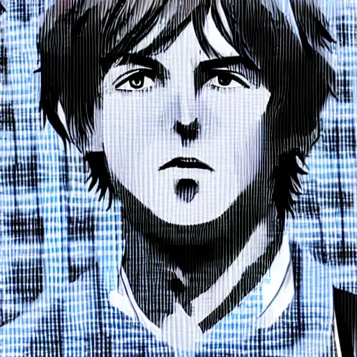 Prompt: close up anime illustration of young Paul McCartney from the Beatles, wearing a blue and white check shirt, silver sports watch, outdoors in Singapore, ufotable