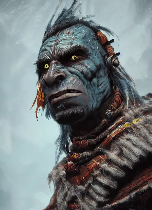 Image similar to A fantasy comic book style portrait painting of a shaman orc in a atmospheric dark fortress, unreal 5, DAZ, hyperrealistic, octane render, RPG portrait, ambient light, dynamic lighting