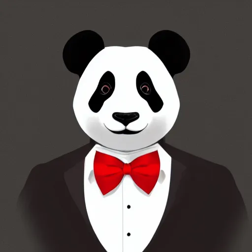 Prompt: a portrait of a panda wearing a black suit with a white shirt and red bow tie, black background