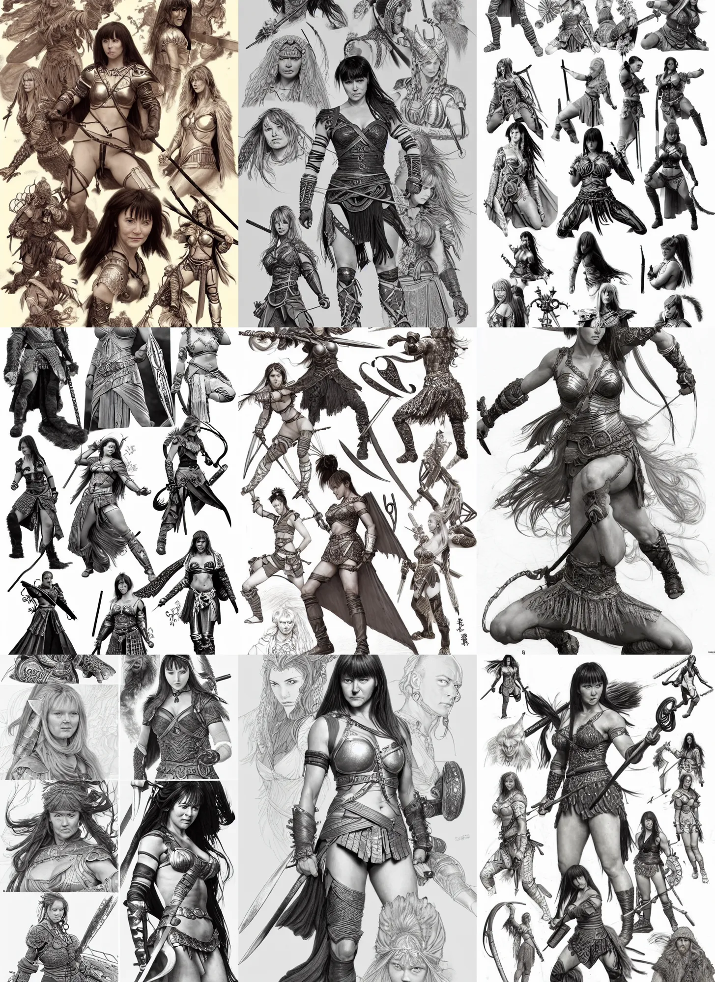 Prompt: detailed pencil spot illustrations of various character concepts from the xena warrior princess and russian culture crossover, various poses, by burne hogarth, by bridgeman, by anthony ryder, by yoshitaka amano, by ruan jia, by conrad roset, by mucha, cgsociety, artstation.