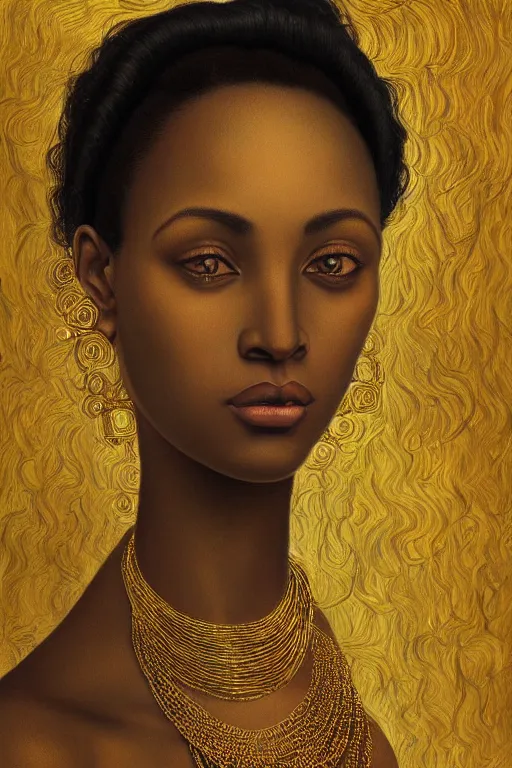 Image similar to Portrait of a Beautiful African female, sad green eyes, beautiful skin, elegant, jewellery, digital painting, Pre-Raphaelites, highly detailed, concept art, smooth, sharp focus, gold and indigo, illustration, art by Klimt .