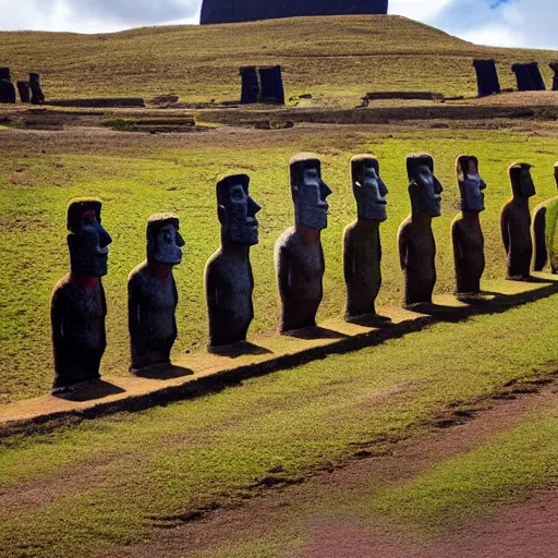 Image similar to 4 k colorful photograph of easter island statues overlooking a prison