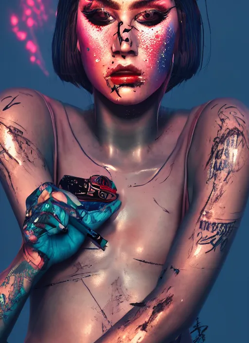 Prompt: digital painting of a streetwear woman with mascara, cryiing, a city burns in the background, police lights, distress, tattoos, dark glitter, Cinestill 50d, 4k, 8k, hd, full color, octane render, trending on artstation, highly detailed