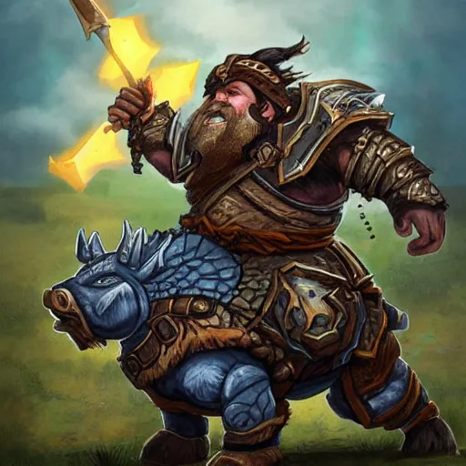 Image similar to a dwarf warrior riding on an armored boar, hearthstone coloring style, epic fantasy style art, fantasy epic digital art