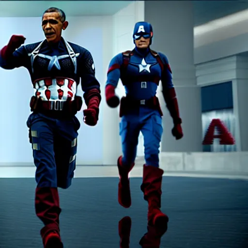 Image similar to barack obama as captain america in the avengers. movie still. cinematic lighting.