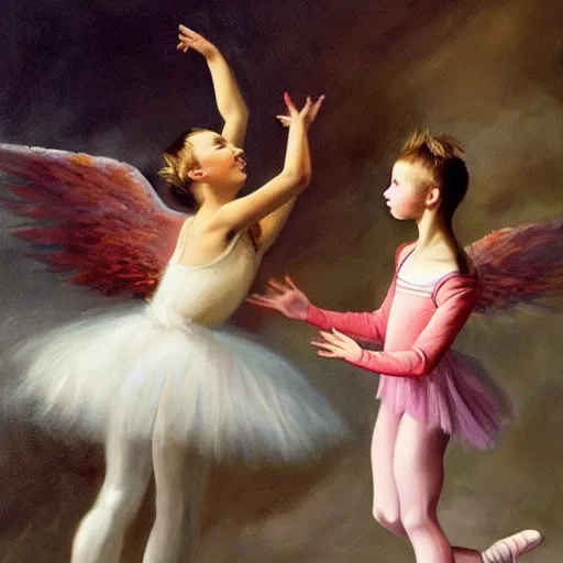 Prompt: a stunning oil painting of an angel ballerina facing off against a demon ballerina in an epic battle