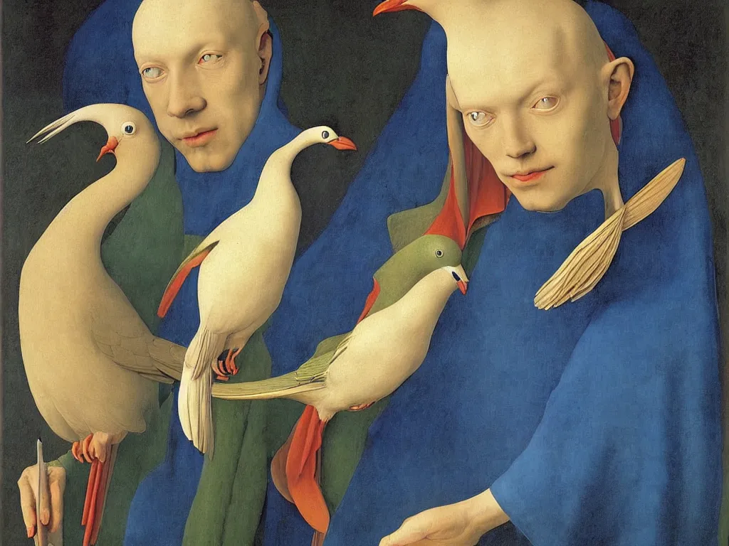 Image similar to Portrait of albino mystic with blue eyes, with beautiful exotic dove. Painting by Jan van Eyck, Audubon, Rene Magritte, Agnes Pelton, Max Ernst, Walton Ford