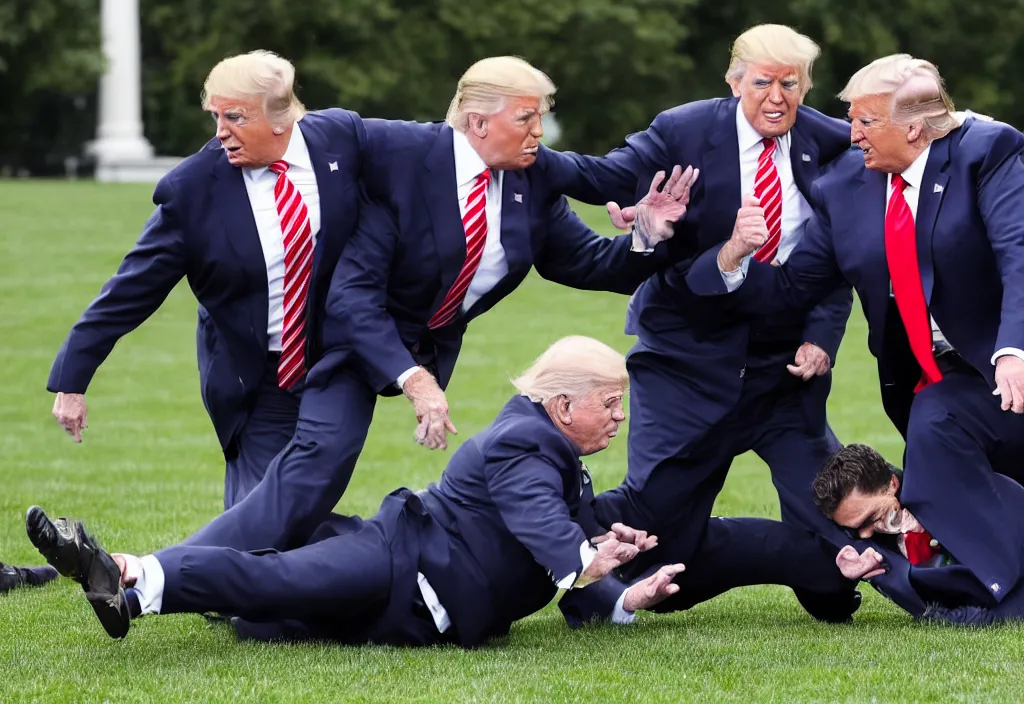 Prompt: joe biden gets tackled by donald trump in front of the white house on the lawn