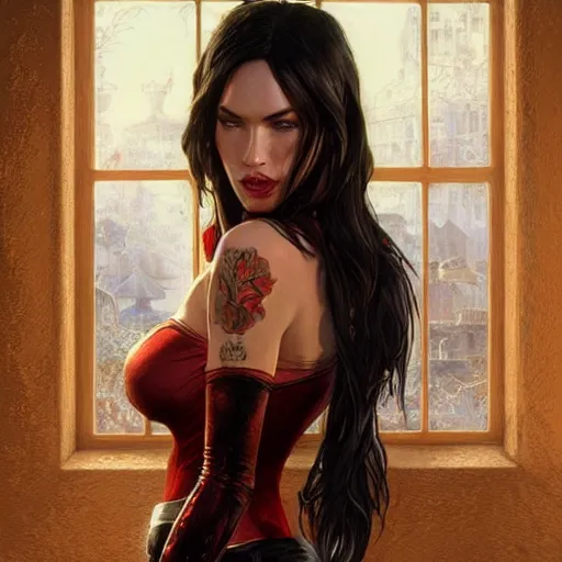 Prompt: megan fox as red queen character from resident evil, western, d & d, fantasy, intricate, elegant, highly detailed, digital painting, artstation, concept art, matte, sharp focus, illustration, art by artgerm and greg rutkowski and alphonse mucha, gta 5 art cover