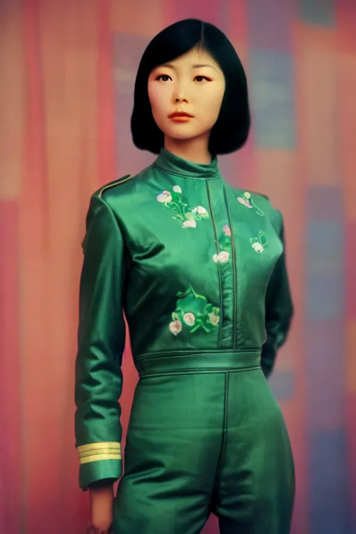 Prompt: ektachrome, 3 5 mm, highly detailed : incredibly realistic, youthful asian demure, perfect features, feminine cut, beautiful three point perspective extreme closeup 3 / 4 portrait photo in style of chiaroscuro style 1 9 7 0 s frontiers in flight suit cosplay vogue fashion edition