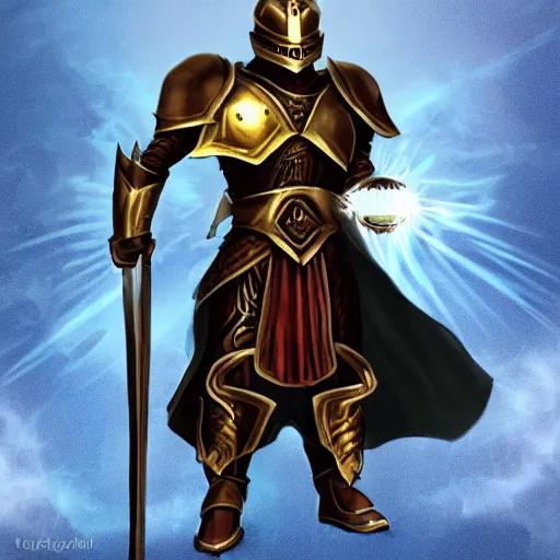 Image similar to animated armor with a helmet face and a sun emblem on his chest, far - mid shot photo, style of magic the gathering, dungeons and dragons, fantasy, intimidating