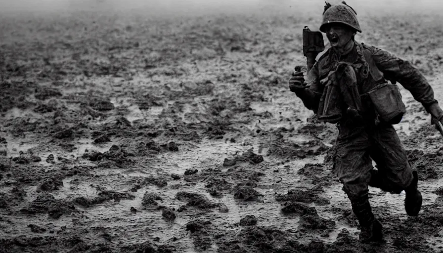 Image similar to screaming World War 1 soldier running away, wartorn landscape, lots of mud puddles and craters, bullets whizzing past camera, atmospheric, dirty lens, cinematic lighting, IMAX close-up of face, cinematography, 35mm