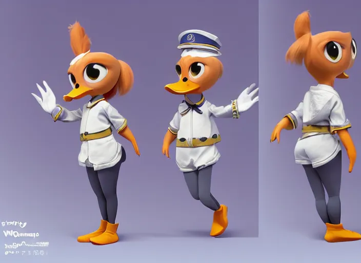 Image similar to award - winning detailed concept art of a cute iconic anthropomorphic duck character wearing a sailor suit. art by wlop on bcy. net, realistic. detailed feathers, art by cheng yi. artstationhd, artgerm, 3 dcg, pixar zootopia. 3 d rendering, high quality model sheet, donald. model sheet detailed