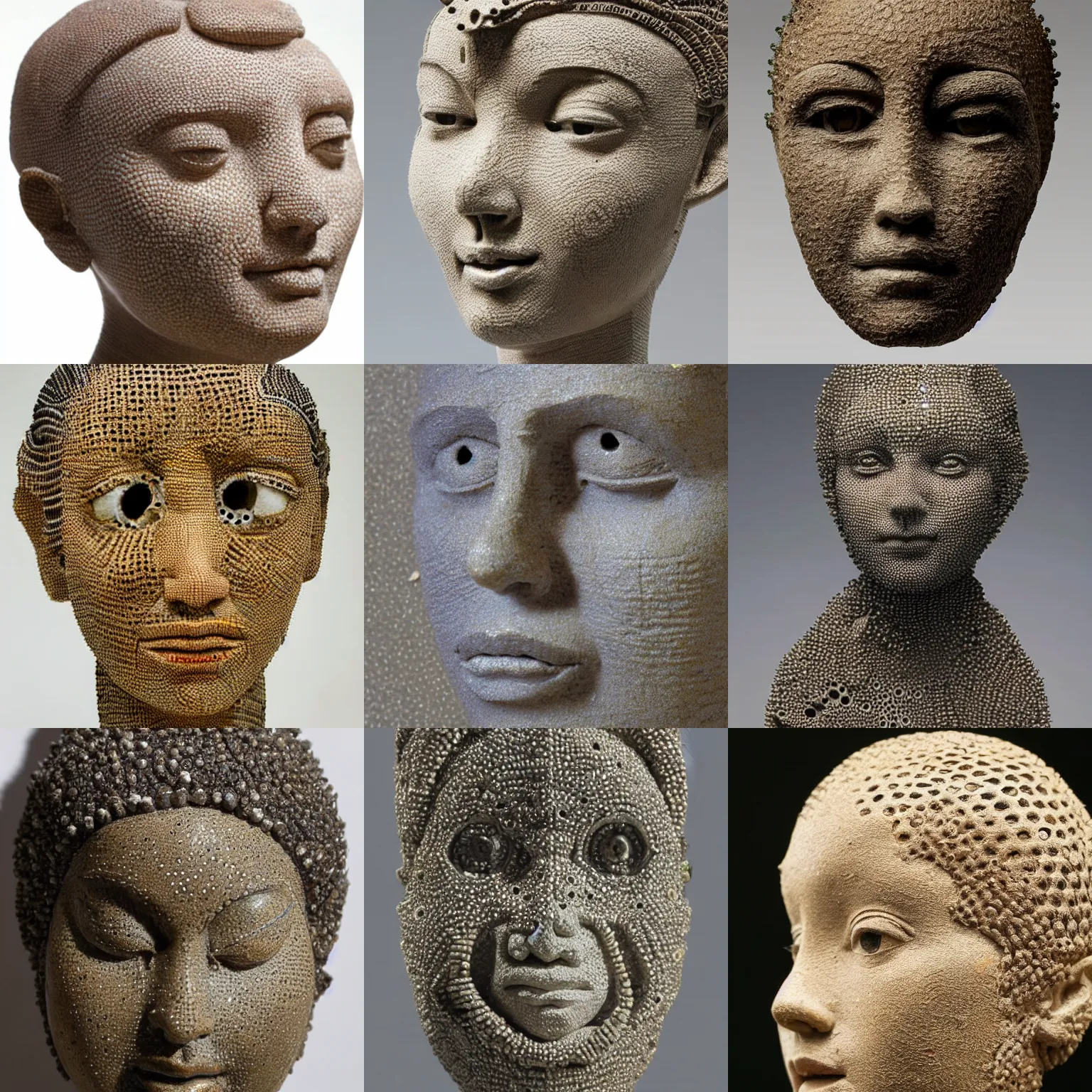 Prompt: an intricate and extremely detailed sculpture of a female head made of small holes