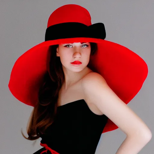 Image similar to beauty photographic portrait of half - length portrait of stunning girl in a red hat and black dress, kodak portra 4 0 0, 8 k, soft light, volumetric lighting, highly detailed,,