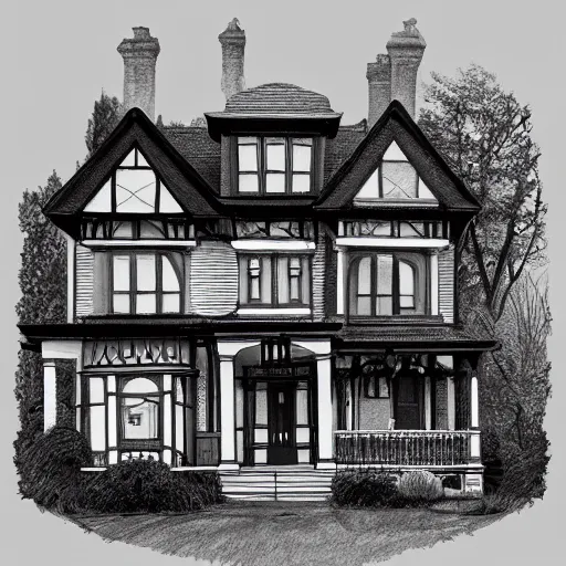 Image similar to a victorian house, pencil drawing, black and white, trending on artstation, behance, deviantart, drawn by tom lovell, artgerm, jsc, j. scott campbell