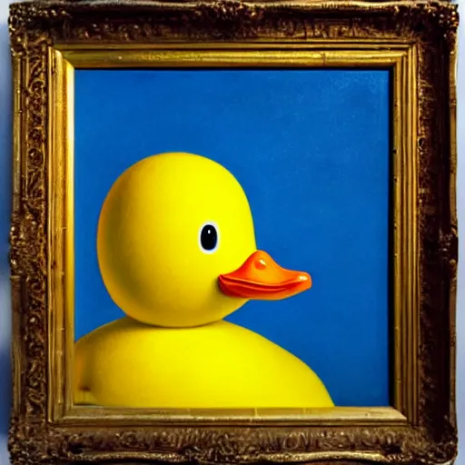 Image similar to portrait of a yellow rubber duck by rene magritte, oil on canvas.