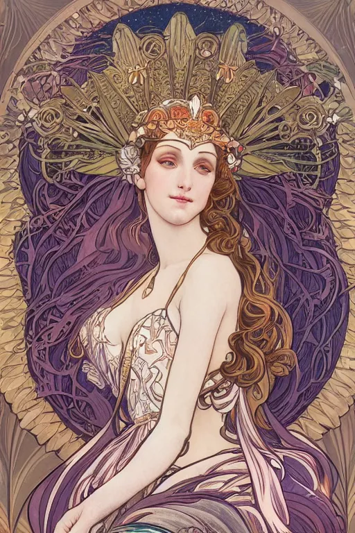 Prompt: stunning goddess valkyrie, crescent moon in the background, in style blend of Botticelli and alphonse mucha, amazing detail, stunning lines, flat colors, 4K, digital illustration, character concept