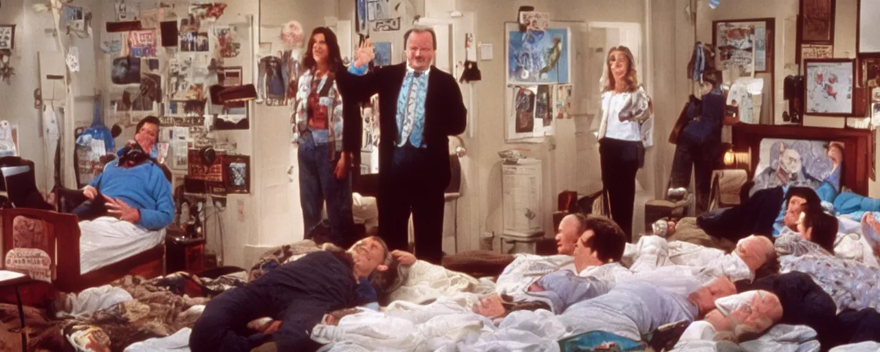 Prompt: a bedroom full of people that resemble bill murray from the movie groundhog day