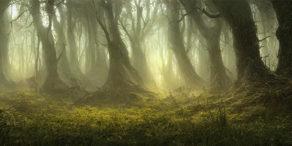 Prompt: artwork of the wretched thicket, by john howe & tim white, exquisite lighting, clear focus, highly detailed, cinematic view, trending on artstation